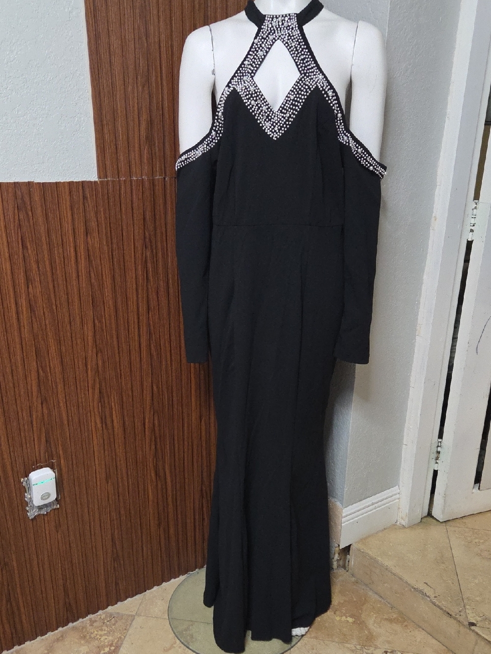 SHEIN Black Long Sleeve Cold Shoulder Rhinestone Halter Evening Gown